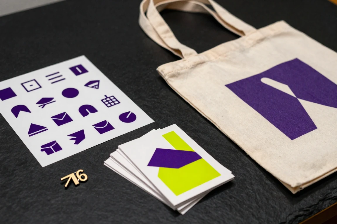 An icon sticker sheet, a printed tote bag, a pin and a stack of printed cards on a slate table