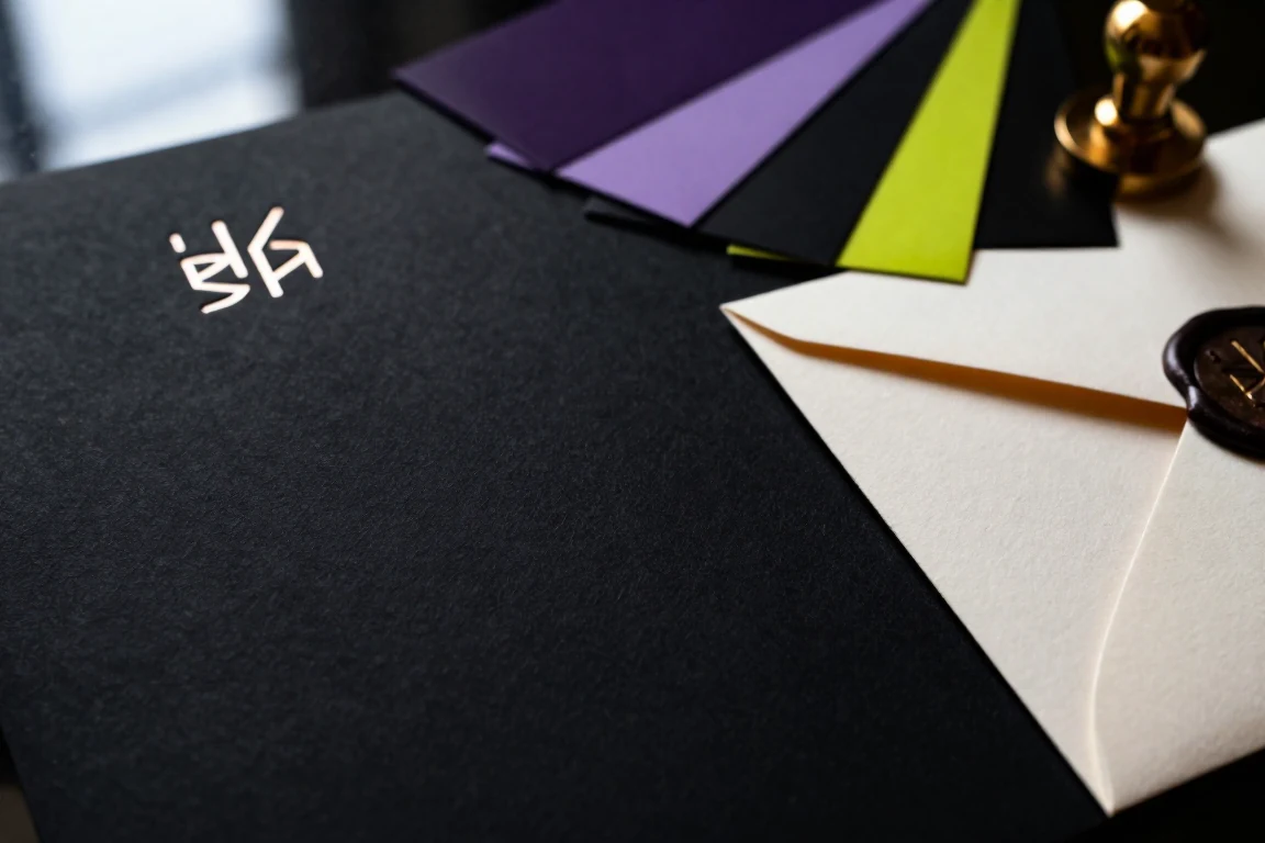 A foil-stamped black folder, an envelope with a wax seal and a fan of colour swatches