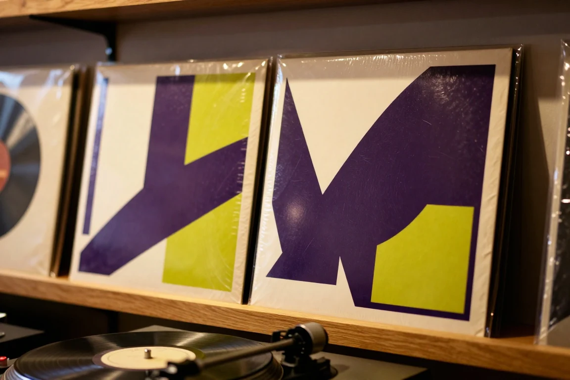 Vinyl records with abstract cover art standing on a shelf