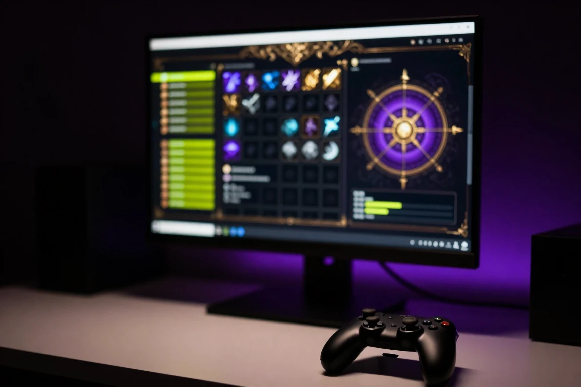 A fantasy game inventory screen on a monitor, with a controller on the desk