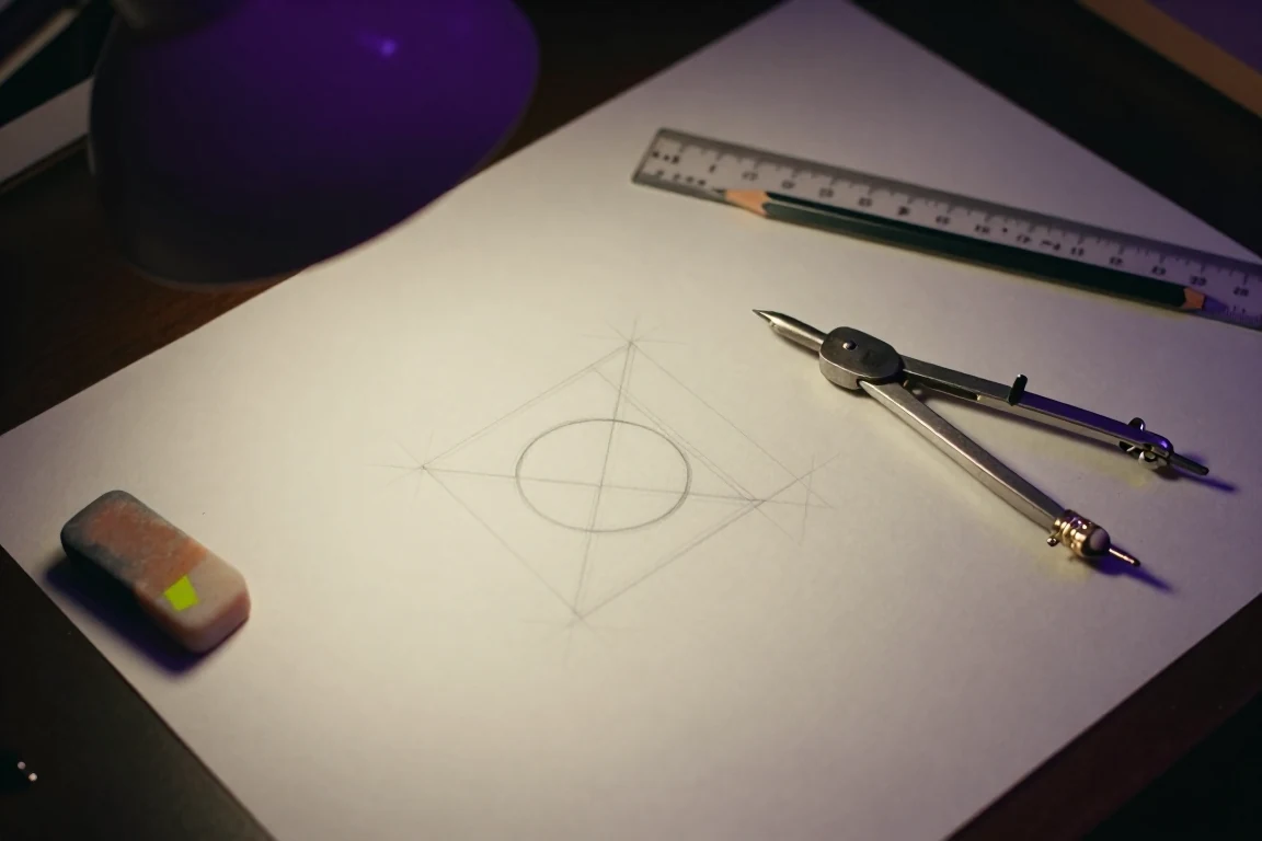 Pencil construction drawings of a geometric mark on tracing paper, beside a compass and ruler