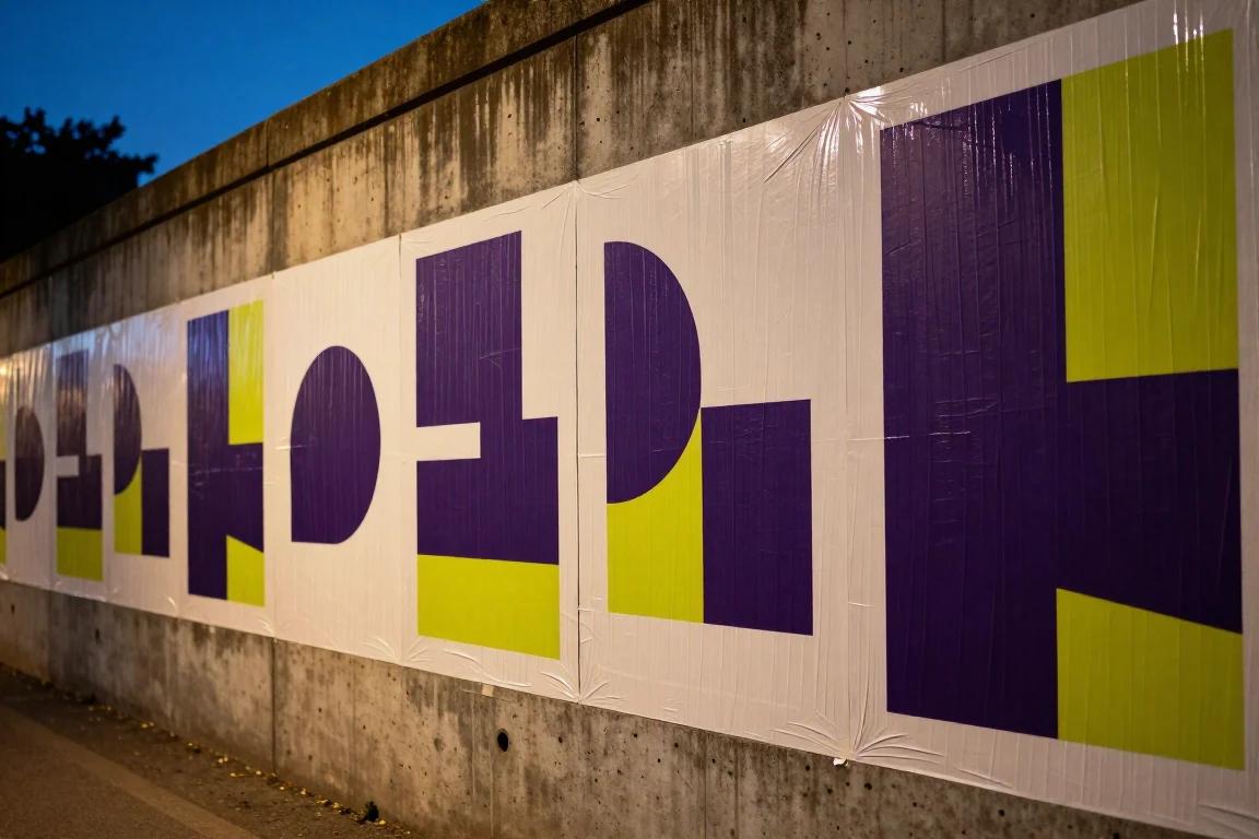 A row of abstract campaign posters pasted along a concrete underpass wall