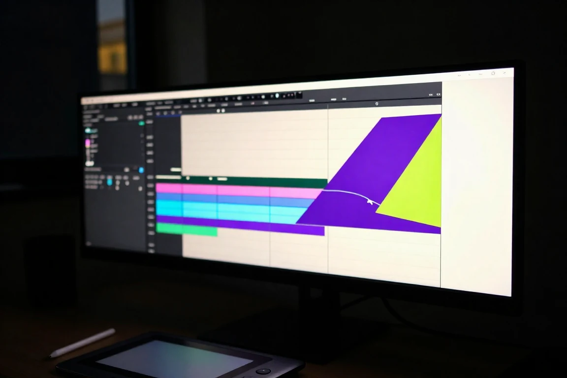 An animation timeline and a shape on its motion path, on a widescreen monitor