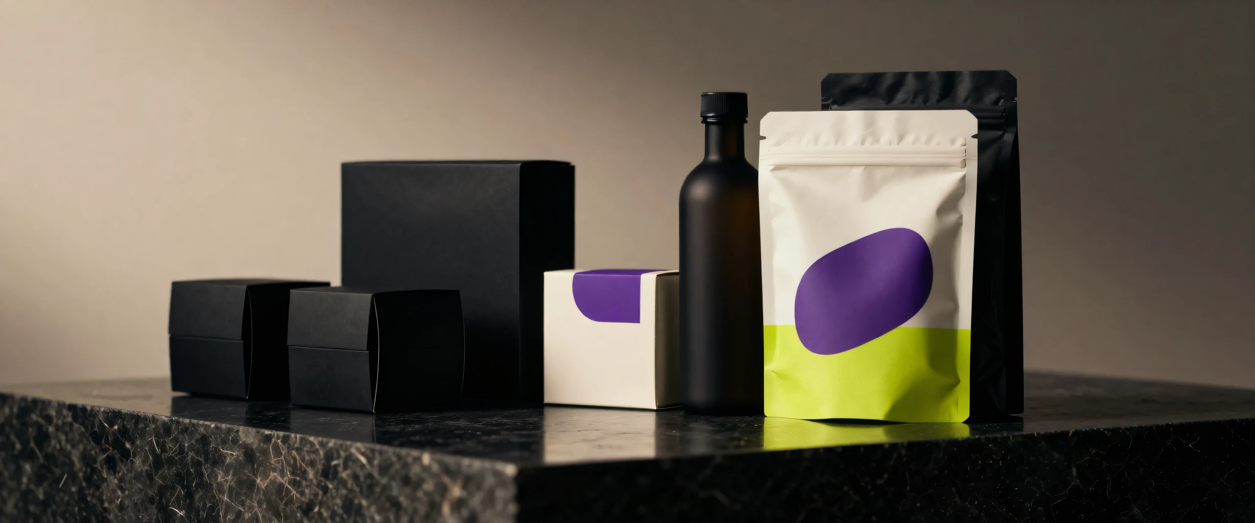A packaging line-up on a granite plinth: black boxes, a dark bottle and a pouch with a violet mark and a lime band