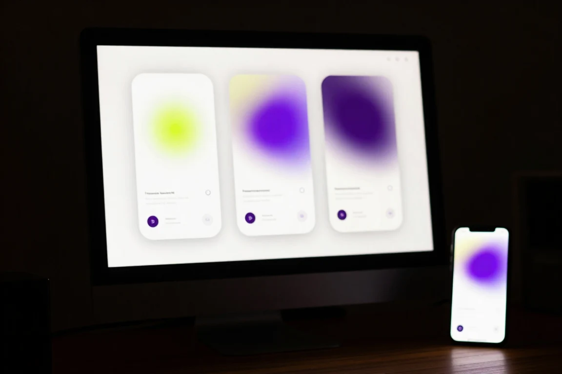 A mobile app design in progress on a studio monitor, with a phone showing the same screens