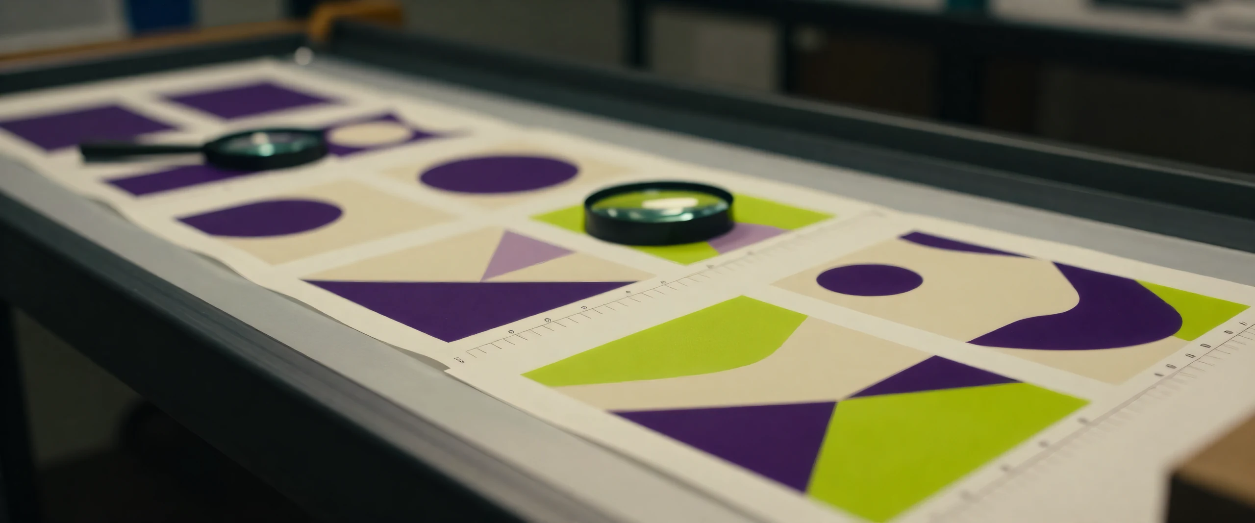 Colour proofs of a geometric brand identity laid along a print table, with two loupes