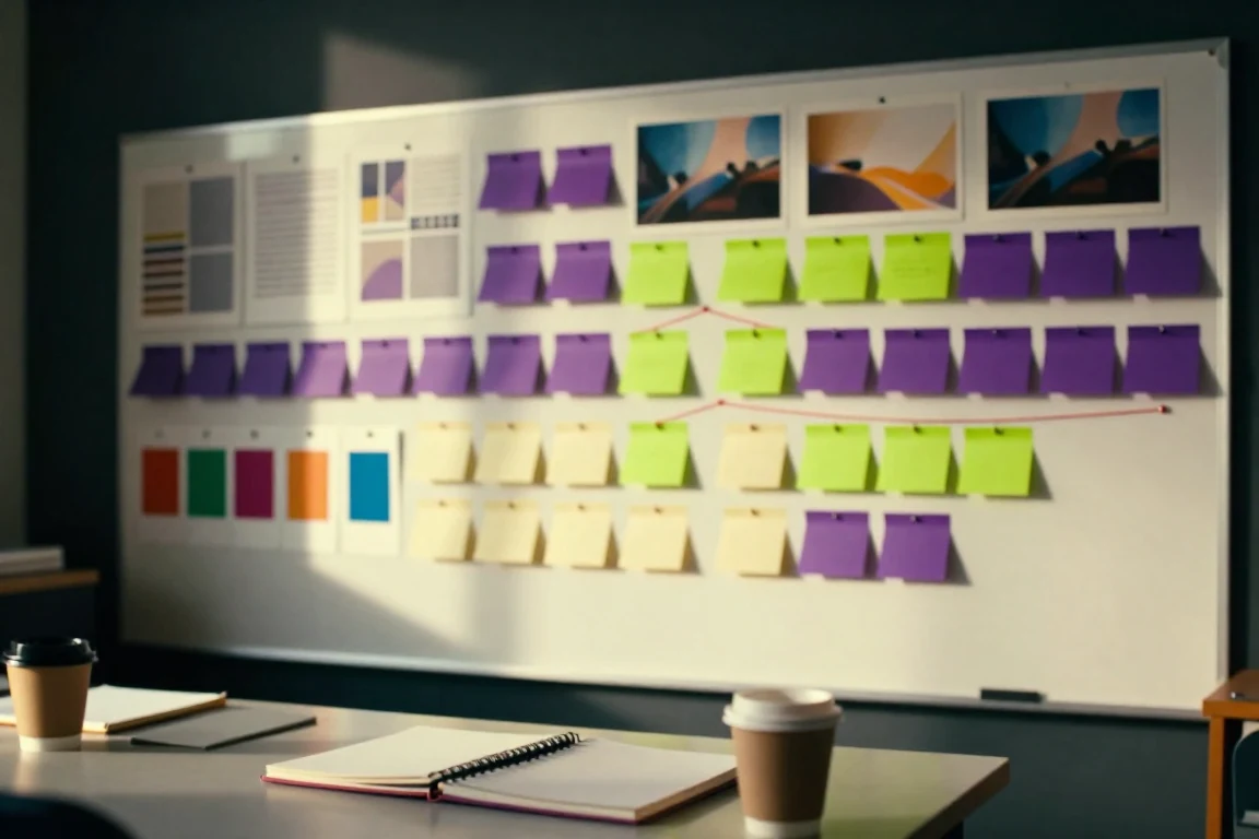 A workshop wall of sticky notes, mood images and colour chips joined by thread