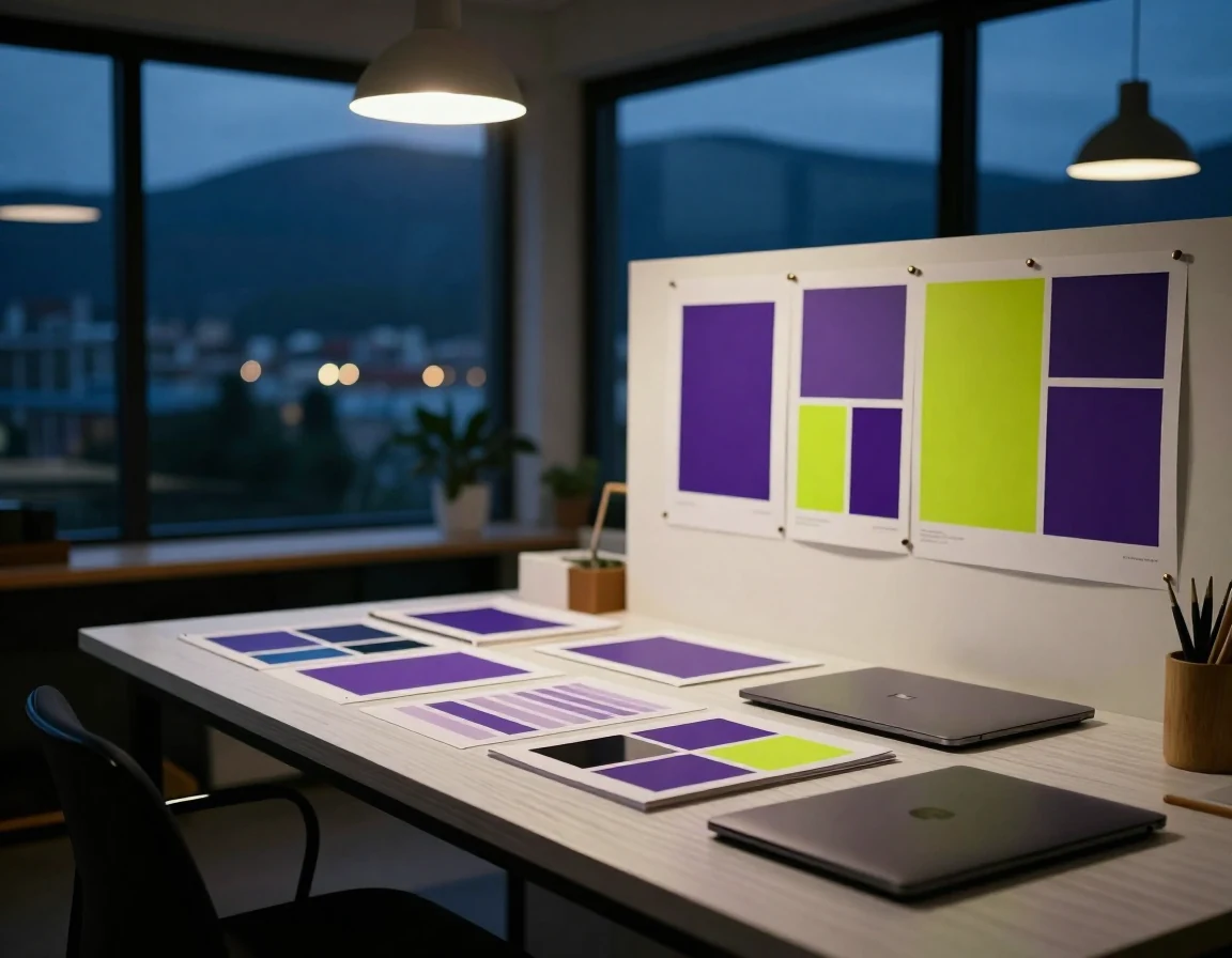 A brand design studio at dusk, proofs on the worktable and city lights outside