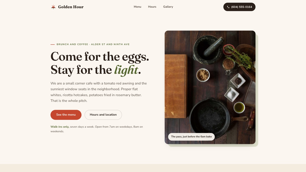 Golden Hour Cafe, home page